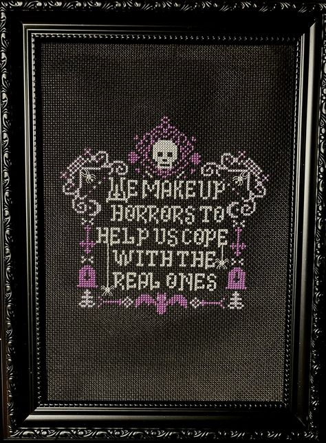 Stephen King Horror Quote Digital Cross Stitch Chart This chart is a great quick stitch for anyone who loves the King of Horror. This is a digital chart that comes with both a printable and Pattern Keeper compatible editions. Please note that you will not be sent a physical copy.  The pattern is charted with DMC and has full cross stitches and a small amount of back stitch for the spiders legs. There are no speciality stitches and is perfect for stitchers of all levels. The model stitch is on 14 Stephen King Cross Stitch, Dark Cross Stitch, Horror Cross Stitch, Love Cross Stitch Pattern, Stephen King Quotes, Quote Cross Stitch, Cross Stitch Quotes, King Quotes, Gothic Crosses