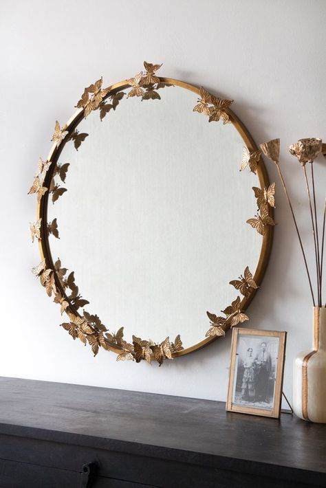 Image of the Gold Round Butterfly Mirror hanging on the wall Washbasin Ideas, Colour Bedroom, Sink Styles, Gold Circle Mirror, Car Mirror Accessories, Funky Bathroom, Blue Hallway, Long Driveway, Accessories Butterfly