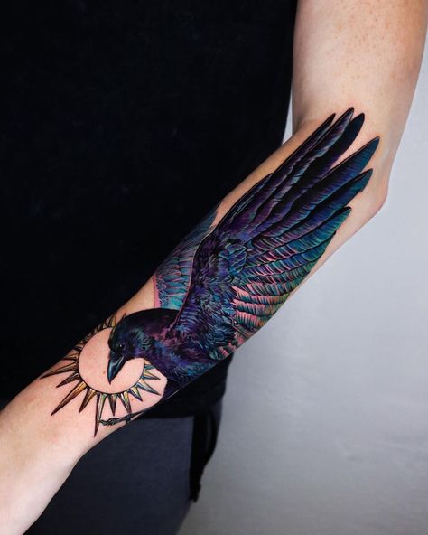 15 Tattoos From a Korean Artist, Nonlee, That’ll Make Your Inner Beauty-Lover Rejoice Raven Color Tattoo, Colorful Raven Tattoo, Colorful Half Sleeve Tattoo, Plur Tattoo, Raven Tattoo Feminine Arm, It Is Finished Tattoo, Color Tattoo Sleeve, Tattoo Sleeve Color, Victorian Style Tattoos