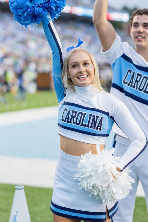 UNC Cheer, Carolina Cheer, Go heels, Univeristy of North Carolina, College Cheerleader, Carolina Blue, Cheer Uniform, Pom Poms, College Gameday College Cheerleader, Cheer Athletic, North Carolina Chapel Hill, Girly Games, Cheer Dress, Cheerleading Pom Poms, Cheerleading Bow, Cheerleading Stunt, Blue Cheer