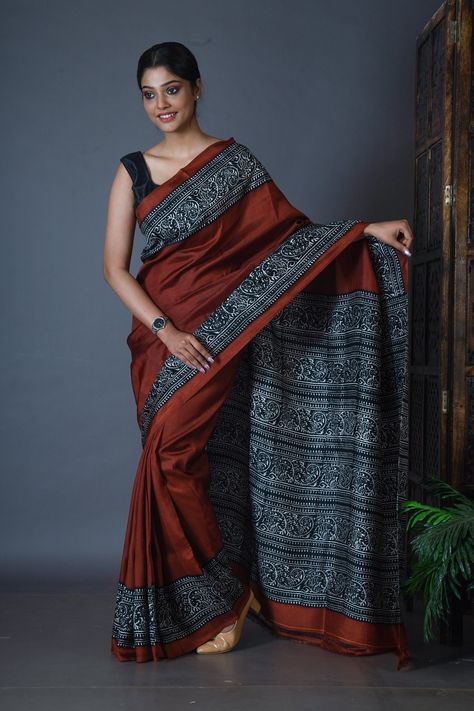 Black Saree Contrast Blouse, Rust And Black, Rust Colour, Black Saree, Contrast Blouse, Wear Saree, Pure Silk Sarees, Rust Color, Beautiful Saree