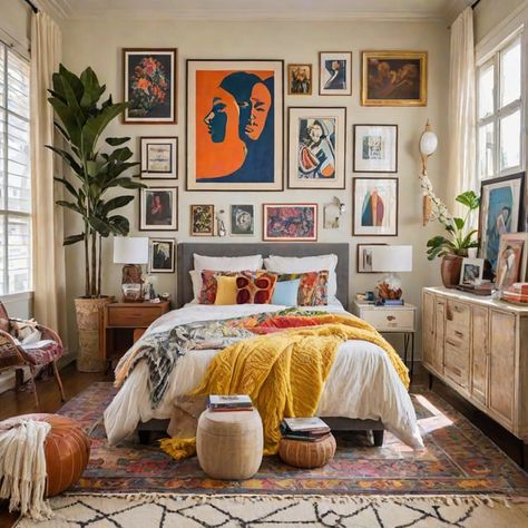 Grey Bed Colorful Room, Maximalist Bedroom Design, Eclectic Bedroom Inspirations, Eclectic Bedroom Colorful, Calm Maximalist Bedroom, Maximalist Apartment Bedroom, Electric Bedroom Decor, Funky Bedroom Aesthetic, Boho Colorful Bedroom