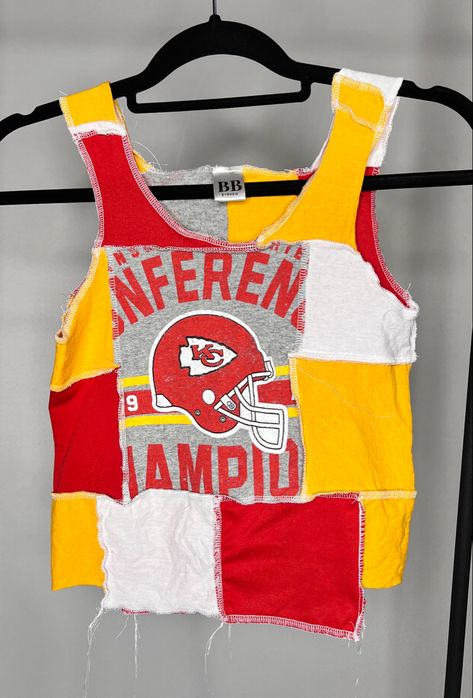 Reworked, vintage, patchwork tank top Jersey Upcycling, Football Jersey Ideas, Reworked Jersey, Nfl Wife, Nfl Wives, Blue Springs Missouri, Jersey Ideas, Patchwork Tank Top, Gameday Outfits