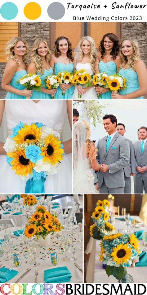 April Wedding Theme Ideas, Teal And Sunflower Wedding Centerpieces, Sunflower Teal Wedding, Aqua And Yellow Wedding, Turquoise Sunflower Wedding, Wedding Ideas Sunflowers Color Schemes, Yellow And Turquoise Wedding, May Wedding Colors Flowers, Cyan Blue Wedding Theme