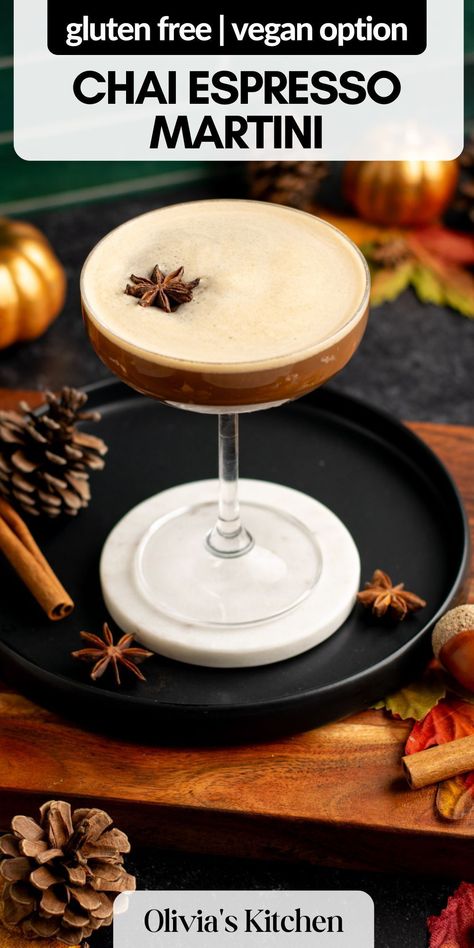 Maple Espresso Martini, Fall Espresso Martini Recipes, Thanksgiving Espresso Martini, Chai Tea Martini, Dirty Chai Martini, Espresso Liquor Drinks, Chai Cocktail Drinks, Flavored Espresso Martini, Halloween Espresso Martini