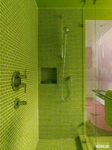 lime green glass-tile shower with Hydro Rail shower column - Kohler via Atticmag Glass Tile Shower, Shower Products, Choosing Paint Colours, Boy Bath, Dream Shower, Penny Round Tiles, Shower Columns, Glass Subway Tile, Colorful Space