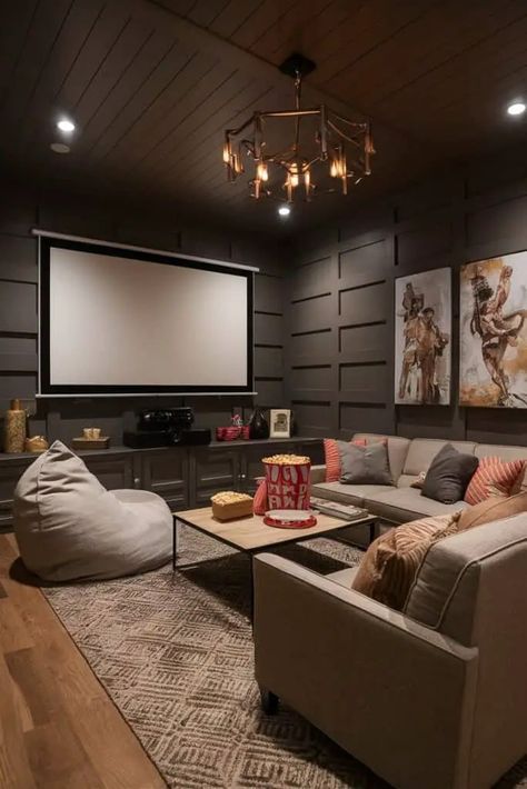 17 Inspiring Ideas to Design Your Dream Woman Cave - Fabricerie Media Rooms Ideas, Women Cave Ideas Basements, Dark Media Room, Chill Room Ideas Lounges, Mom Cave Ideas, Woman Cave Ideas, Movie Room Ideas, Basement Entertainment Room, Basement Cabinets