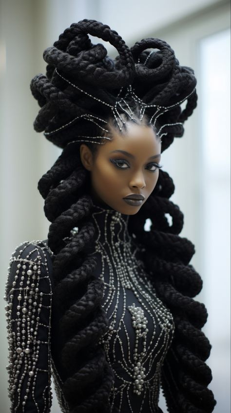 Men In Bunny Suits Art, Cool Braided Hair, Royal Black Aesthetic, Futuristic Black Hairstyles, Black Woman Reference Photo, Royal Black Hairstyles, Fantasy Black Hairstyles, Afrofuturism Art Black Women, Black Woman Braided Hairstyles