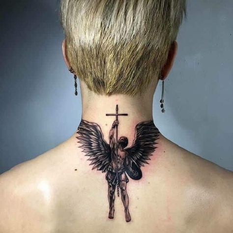 Arcangel Tattoo, Back Of Neck Tattoo Men, St Michael Tattoo, Michael Tattoo, Best Neck Tattoos, Archangel Tattoo, Sketch Style Tattoos, Pola Tato, Throat Tattoo