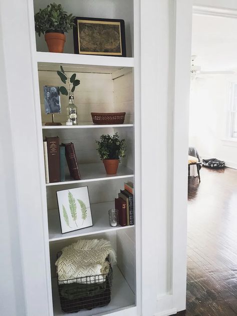 How to Transform a Small Closet into a “Built-In” Bookshelf | Beard + Bloom Closet Bookshelves, Small Closet Shelving, Make A Closet, Acne Laser, Closet Shelf, Hallway Closet, Plywood Shelves, Hall Closet, Closet Remodel