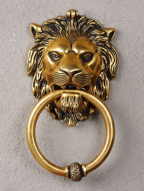 Buy Golden Brass Lion Face Door knocker 7.6in x 4in 2in Home Decor Wall Accents Online at Jaypore.com Lion Head Door Knocker, Horse Doors, Home Decor Copper, Antique Door Knockers, Lion Door Knocker, Door Knobs And Knockers, Brass Door Knocker, Glass Door Knobs, Main Door Design