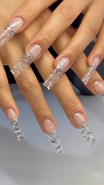 3d Chrome Acrylic Nails, Clear 3d Nails, Chrome 3d Nails, Futuristic Nail Art, Futuristic Nails, 3d Chrome Nails, Clear Nail Designs, Angel Nails, Nail Business