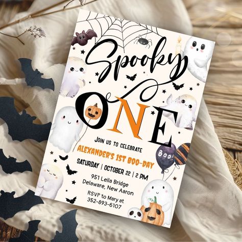 Spooky One Halloween 1st Birthday Party Cute Ghost Invitation Spooky One Invitation, Halloween One Year Birthday, First Boo Day, Halloween 1st Birthday Party Boys, The Spooky One First Birthday, Halloween Invitation Card, Halloween 1st Birthdays, One Year Birthday, Halloween 1