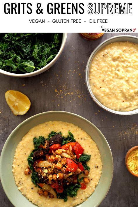 Grits and Greens Supreme- Creamy stone ground grits topped with bright steamed kale, roasted veggies and chickpeas! Healthy and filling, stone ground grits are a whole grain and high in fiber and nutrients. Smooth and creamy with a cheesy flavor, these vegan grits will take you back to south. Easy and perfect for a weeknight dinner. Cook on the stovetop or in your Instant Pot. #wfpb #wfpbno #vegansoulfood #highcarblowfat via @thevegansoprano Grits And Veggies, Vegetarian Grits Recipes, Vegan Grits Breakfast, Healthy Grits Recipe, Grits Dinner Recipe, Grits Toppings, Vegan Grits Recipe, Vegan Shrimp And Grits, Healthy Grits