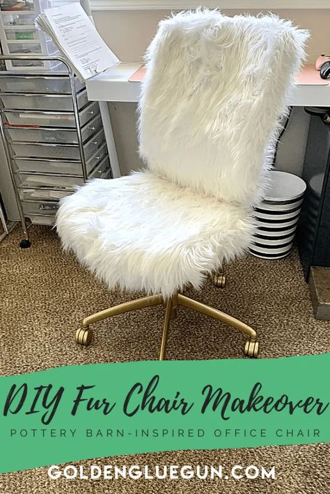 DIY Fur Office Chair Makeover - Golden Gluegun Recovering An Office Chair Diy, Reupholster Desk Chair Diy, How To Make A Slip Cover For An Office Chair, Diy Desk Chair Cover, Recover Office Chair Diy, Craft Room Chair, Reupholster Office Chair, Office Chair Slip Cover, Recover Office Chairs