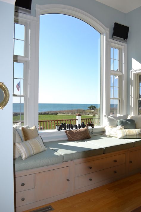 Gorgeous Window and Window Bench... 44 Beach Drive Little Compton, RI Bay Window Reading Nook, Window Seat Nook, Coastal Windows, Beach Dream House, Built In Window Seat, Bedroom Coastal, Window Seat Design, Window Bench, Kb Homes