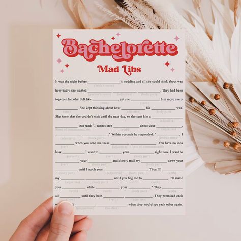 Dirty Mad Libs Bachelorette Party Game | Retro Theme Design Fun Things To Do At Bachelorette Party, Bunk Assignments Bachelorette, Classic Party Games, Bachelorette Party Ideas For Older Bride, Coed Bachelor Bachelorette Party Games, Bachelorette Game Night, Bachelorette Party Classy, Bachorlette Party Theme, Funny Bachelorette Party Ideas