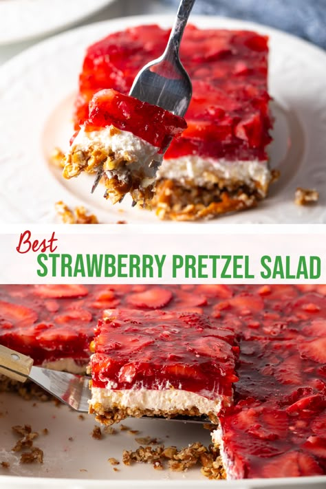 Strawberry Pretzel Salad (Jello Dessert Recipe!) - This sweet dessert "salad" recipe features layers of strawberry jello with fresh berries, cream cheese fluff, and crunchy pretzels. It's a classic southern treat that's perfect to make ahead for potlucks and dinner parties! | A Spicy Perspective Cream Cheese Fluff, Strawberry Jello Dessert, Strawberry Pretzel Jello, Jello Pretzel Salad, Strawberry Pretzel Jello Salad, Dessert Salad Recipes, Strawberry Pretzel Salad Recipe, Strawberry Pretzel Dessert, Pretzel Desserts