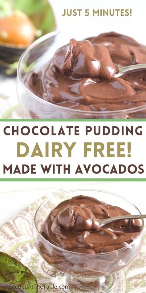 This avocado chocolate pudding is healthy and can be dairy free!  Just 5 ingredients and 5 minutes to whip up this thick and creamy avocado pudding.  A delicious paleo, gluten free, vegan and dairy free dessert! Advocare Dessert Recipes, Avocado Moose, Avacado Chocolate Pudding, Avocado Recipes Dessert, Eating Avocado, Aip Keto, Chocolate Avocado Mousse, Natural Desserts, Chocolate Avocado Pudding