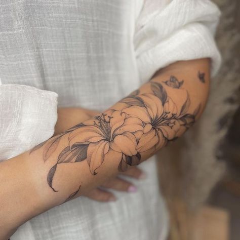 Fineline Lilly Tattoo, Flowers Tattoo Hand Women, Lily Flower Sleeve Tattoo, Lily Fineline Tattoo, Lilly Forearm Tattoo Women, Lilly Sleeve Tattoos For Women, Tattoo Of Lily Flower, Lilly Tattoo Arm, Fineline Lily Tattoo