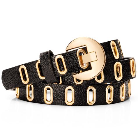 PRICES MAY VARY. Stylish studded belt for women: Leather belt strap with gold studded eyelet, your unique womens belts fashion. Round gold buckle adds a touch of elegance to any outfit Fully adjustable womens skinny belt: this leather waist belt was designed whole belt strap with grommet, which allows you adjust the belt to anyplace you fit Stylish present belts: studded leather belt for women, no size issue. Fashion black belt, tan belt for women dress or white leather belt, there must be one t Black Belts For Women, Grommet Belt Outfit, Unique Belts, Black And Gold Belt, Womens Belts Fashion, Studded Belts, Punk Belt, Womens Belts, Tan Belt