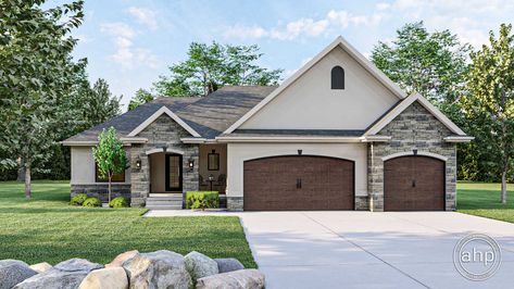 A tasteful blend of textures adorns the exterior of this 1,568 sq. ft., Traditional-style, 1-story house plan.  Just inside from the deep covered front porch, the entry hall invites guests into the living room, with House Share, Siding Ideas, Ranch House Exterior, Ranch House Plan, Ranch Style House Plans, Covered Deck, Hall Bathroom, Traditional House Plan, Glamour Nails