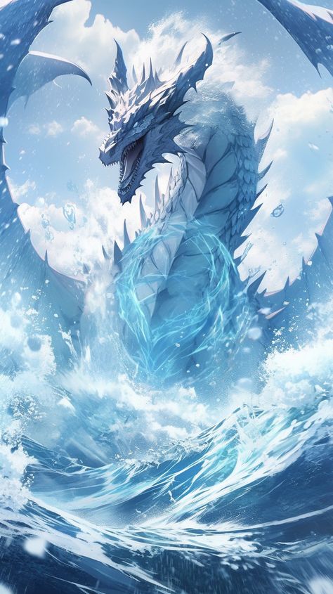 Ice Dragon Fantasy Art, Blue Eyes White Dragon Art, Water Dragon Aesthetic, Blue Dragon Wallpaper, Ice Dragon Art, White And Blue Dragon, Water Dragon Art, White Dragon Art, Aqua Dragon