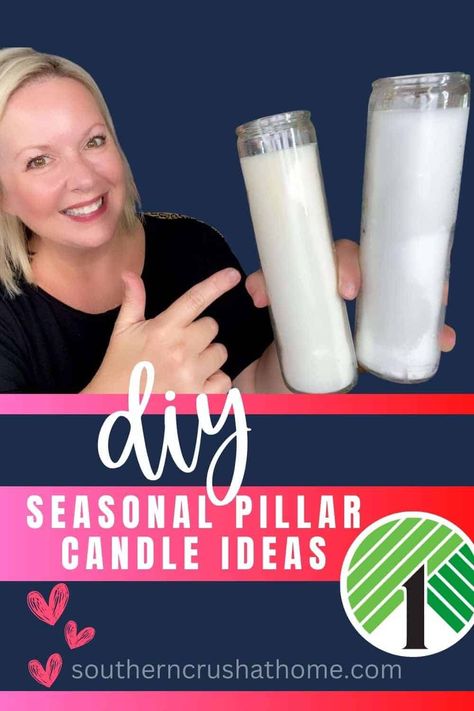 Easy Dollar Tree Pillar Candles DIY: Seasonal Decor on a Budget https://www.southerncrushathome.com/easy-dollar-tree-pillar-candles-diy-seasonal-decor-on-a-budget/ Candle Pillars Decor, Dollar Tree Diy Candle, Pillar Candles Diy, Diy Candle Pillars, Dyi Candle, Dollar Tree Candles, Diy Seasonal Decor, Pillar Candle Decor, Dollar Tree Halloween