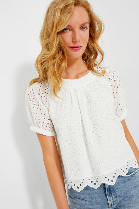 White Eyelet Fontalina Blouse Schiffli Tops Blouses, Ingenue Style, Feminine Details, Eyelet Fabric, Eyelet Embroidery, Easy Outfit, Seaside Town, Blouse Sale, Eyelet Top