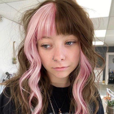 Brown And Pink Split Hair Dye, Asymmetrical Split Dye Hair, Split Peekaboo Hair, Asymmetrical Dyed Hair, Split Dyed Hair Pastel, Dip Dyed Bangs, Blonde Hair With Color Block, Quadrant Dyed Hair, Pink Hair With Blonde Front Pieces