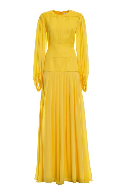 Yellow Long Sleeve Maxi Dress For Evening, Yellow Chiffon Long Sleeve Dress, Elegant Long Sleeve Yellow Gown, Yellow Silk Long Sleeve Dress, Yellow Long Sleeve Designer Dress, Maxi Long Sleeve Dress, Dressy Gowns, Yellow Long Dress, Outfits Nyc