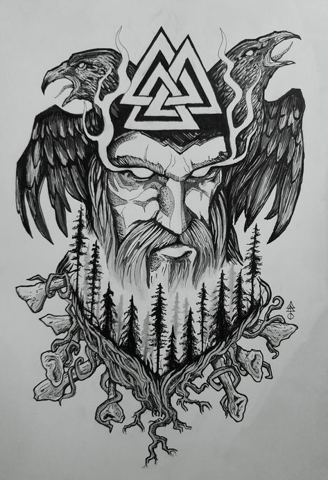 Made this symbolic design to represent God Odin and nordic forest, with huginn and munninn. Odin Drawing Norse Mythology, Tyr Norse God Tattoo, Nordic Gods Tattoo, Viking Drawing Warriors, Viking Gods Tattoo, Norse Mythology Drawing, Odin Sketch, Norse God Tattoo, Odin Drawing