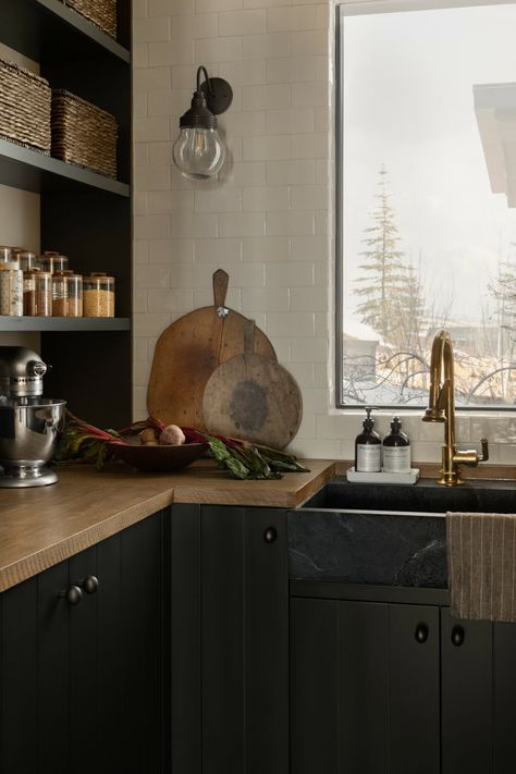 The Summit Estate Paint Guide - Studio McGee Black Butcher Block Countertops, Men Kitchen Decor Ideas, Dark Home Aesthetic, Moody Home Decor, Home Wall Colour, The Mcgee Home, Moody Kitchen, Paint Guide, Butcher Block Countertop