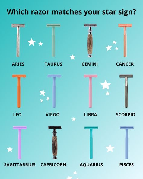 Which razor shade are you? Comment your star sign below! ✨ #safetyrazor #zodiac #starsigns #smallbusiness #shavingcommunity Leo And Virgo, Virgo And Libra, Capricorn And Aquarius, Taurus And Gemini, Star Sign, Star Signs, Signs, Stars, Quick Saves