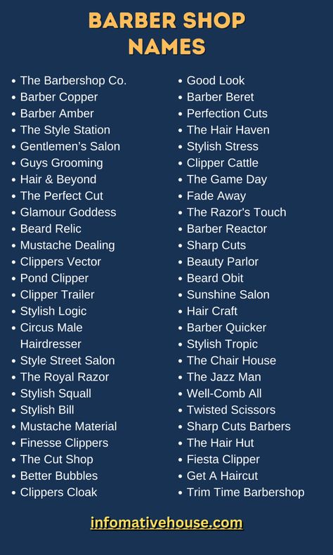 "Creative and Catchy Barber Shop Names to Inspire Your Business!" Barbering Shop Design, Barber Shop Decor Ideas Interior Design, Saloon Names Ideas Unique, Hairpage Names Ideas, Barber Names Ideas, Barbershop Names Ideas, Barber Shop Names Ideas, Men Barber Shop Design, Beauty Parlour Names Ideas