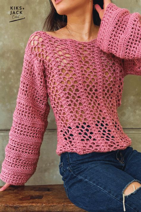 Spring to Summer Light Mesh Crochet Top Free Pattern - Kiks and Jack Crochet Mesh Crochet Top, Crochet Top Free Pattern, Stripe Crochet Top, Crochet Sweater Free, Easy Patterns, Crochet Sweater Pattern Free, Mesh Sweater, Modern Crochet Patterns, Crochet Sweaters