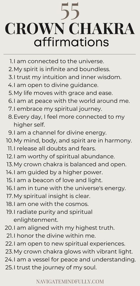 crown chakra healing affirmations Crown Chakra Healing Affirmations, Spiritual Affirmations For Women, Intuition Affirmations, Crown Chakra Affirmation, Bedtime Affirmations, Chakra Balancing Meditation, Spiritual Affirmations, Empowering Affirmations, Spirituality Affirmations