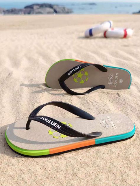 Black  Collar   Letter Flip Flops Embellished   Men Shoes Graphic Design Color Trends, Design Color Trends, Estilo Streetwear, Printed Flip Flops, Cute Couple Dp, Couple Dp, Beach Flip Flops, Beach Slippers, Men's Sandals