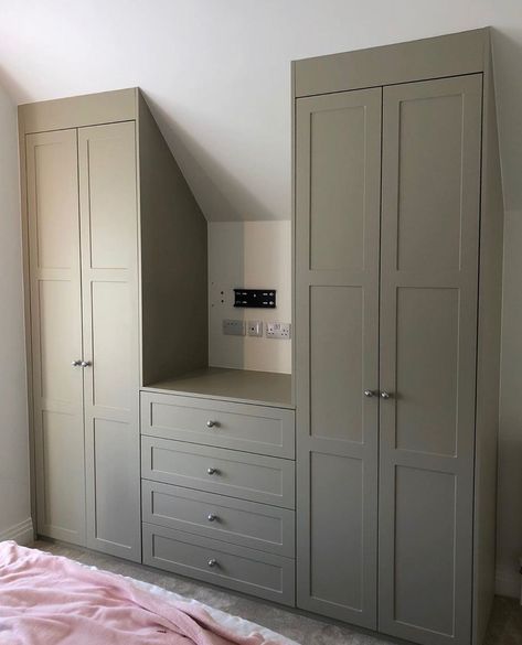 Angled ceilings can be a real problem when it comes to storage. Unless you go with a bespoke option. We created these matching wardrobes… | Instagram Angled Ceiling Closet, Angled Bedroom, Bespoke Bedroom, Handles Wardrobe, Angled Ceiling, Bespoke Wardrobe, Angled Ceilings, Art Studio Room, Shaker Doors