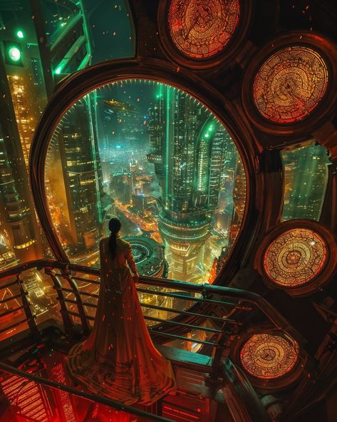 In the heart of the techno-megalopolis of Suryanagar, where ancient myths fused with futuristic dreams, stood Avani, her name woven from a South Indian tale of sun gods and earth. Adorned in a gown that sparkled with the coded stories of her ancestors, Avani gazed out from the high tower's oriel, the city's veins of light pulsing beneath her. Tonight, the Festival of Luminaries would begin, a time when the city paid homage to the celestial stories that shaped their culture. Behind her, the... A Thousand Ships, Ville Cyberpunk, Futuristic Cities, Neon City, High Rise Apartments, Observation Deck, Ancient Myths, The Ballet, Futuristic City