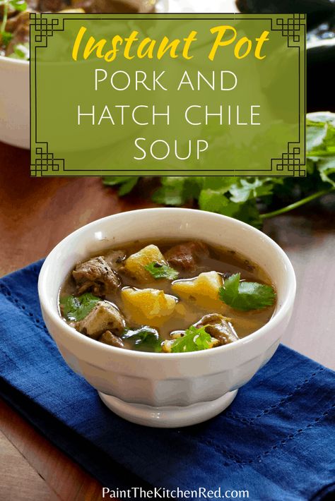 This satisfying Instant Pot Pork Soup with New Mexico Hatch Chiles achieves long-simmered flavor in a short pressure cooking time. Although made with simple ingredients, roasted green chiles add a kick of spicy flavor to this recipe, making this stew an ideal comfort meal. Instant Pot Hatch Green Chili Pork Stew, Green Chili Stew Instant Pot, Instant Pot Green Chile Stew, Green Chili Pork Stew, Hatch Chilis, Gf Soup, Hatch Chilies, Green Chili Stew, Leftover Pork Roast