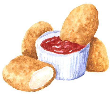 Chicken Nugget, White Illustration, Chicken Nuggets, Cute Food, Recipe Book, Watercolor Illustration, Hand Drawn, How To Draw Hands, Meat