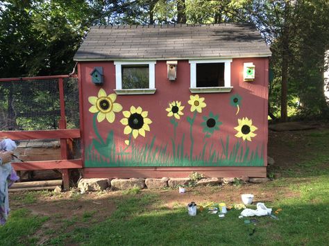 Kids painted the chicken coop today! Painted Chicken Coops Ideas, Boujee Chicken Coop, Painted Chicken Coop Ideas, Chicken Coop Paint Colors, Colorful Chicken Coop, Chicken Coop Paint, Painted Chicken Coop, Painted Chicken, Chicken Coop Pallets