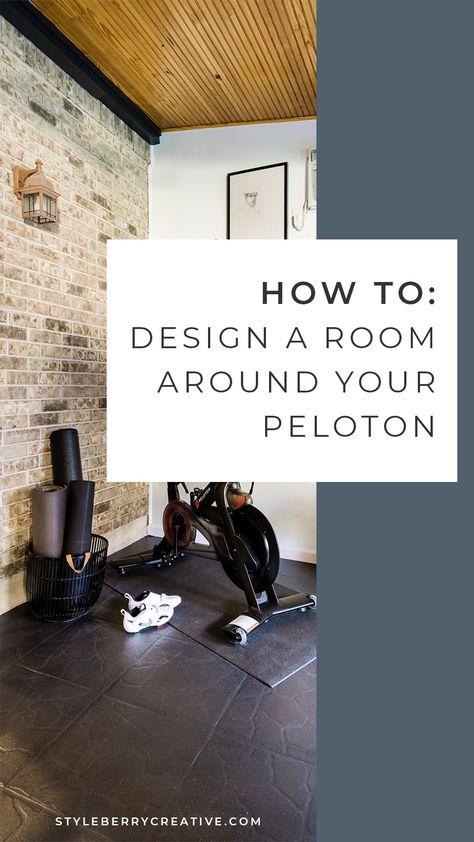 Our team is known for being a very active bunch, so naturally, when the pandemic made it difficult to attend our favorite studio classes safely, we made our homes into a place to work out. You too?! Guest Room With Peloton, Office And Peloton Room Combo, Home Office With Peloton, Peloton In Living Room, Peleton Room Design, Peloton In Bedroom, Small Gym Room Ideas Home, Small Gym Room Ideas, Small Gym Room