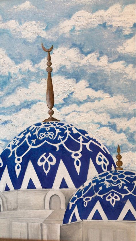 This oil painting of a blue cloudy sky with the mosque was created for a comission. #painting #art #artist #oil #mosque #sky Ramadan Content, Blue Mosque Drawing, Masjid Al Aqsa Painting Watercolor, Painting Of Mosque, Masjid Al Aqsa Painting On Canvas, Mosque Painting, Blue Mosque Painting, Eid Card, Eid Card Designs