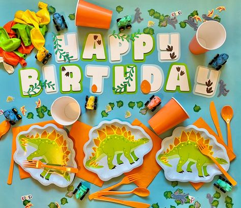 Dinosaur Party Box Essentials for 10 - Plates, Napkins, Cups, Cutlery, Confetti, Banner & Balloons by TheLoveLeighCo on Etsy Dinosaur Plates Birthday Parties, Dinosaur Birthday Party Plates, Blue Green Orange Dinosaur Party, Dinosaur Banner Birthday, Happy Birthday Dinosaur Banner, Number Candles Birthday, Party Box, Dinosaur Birthday Party Decorations, Dinosaur Theme Party