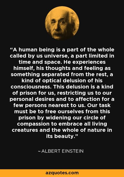 A human being is a part of the whole called by us universe, a part limited in time and space. He experiences himself, his thoughts and feeling as something separated from the rest, a kind of optical delusion of his consciousness. This delusion is a kind of prison for us, restricting us to our personal desires and to affection for a few persons nearest to us. Our task must be to free ourselves from this prison by widening our circle of compassion to embrace all living creatures and the whole o... Intellectual Quotes, Philosophy Of Science, Albert Einstein Quotes, Genius Quotes, Einstein Quotes, Human Being, Albert Einstein, Thoughts Quotes, Great Quotes