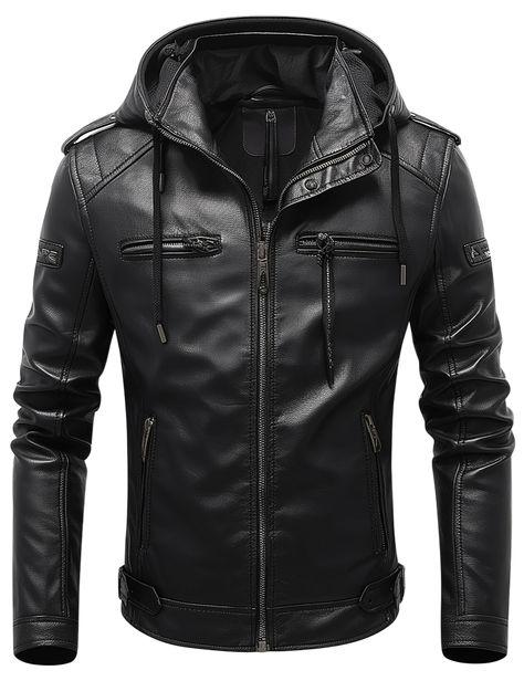 DURVANE Men's Casual Leather Motorcycle Bomber Jacket with Hood Stand Collar Zip-Up Design Hooded Leather Jacket, Leather Jacket With Hood, Jacket With Hood, Leather Jacket Men, Leather Jackets, Men's Casual, Zip Up, Stand Collar, Hooded Jacket