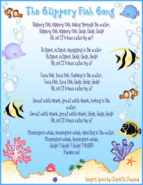 Slippery fish AnneMarie loves this song                                                                                                                                                      More Fun Preschool Songs, Slippery Fish Song, Song For Preschoolers, Fairytale Crafts, Slippery Fish, Preschool Ocean, Animal Puppets, Transition Songs, Ocean Theme Preschool