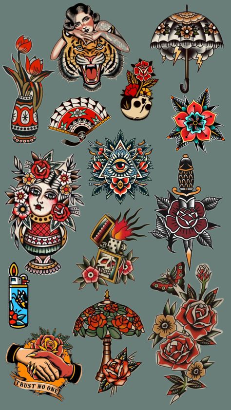 Old American Style Tattoo, American Traditional Space Filler, Old School Patchwork Tattoo, Traditional Poker Tattoo, American Traditional Sleeve Filler, American Traditional Gap Filler Tattoos, American Traditional Card Tattoo, Funky American Traditional Tattoo, American Traditional Bug Tattoo